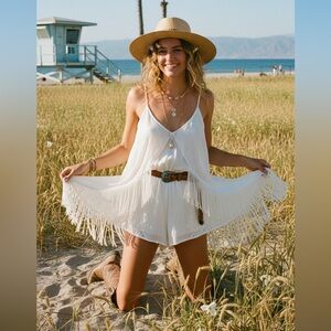Free People White Boho Fringe Hem Romper Jumpsuit Size Small Fairy Western Vibes